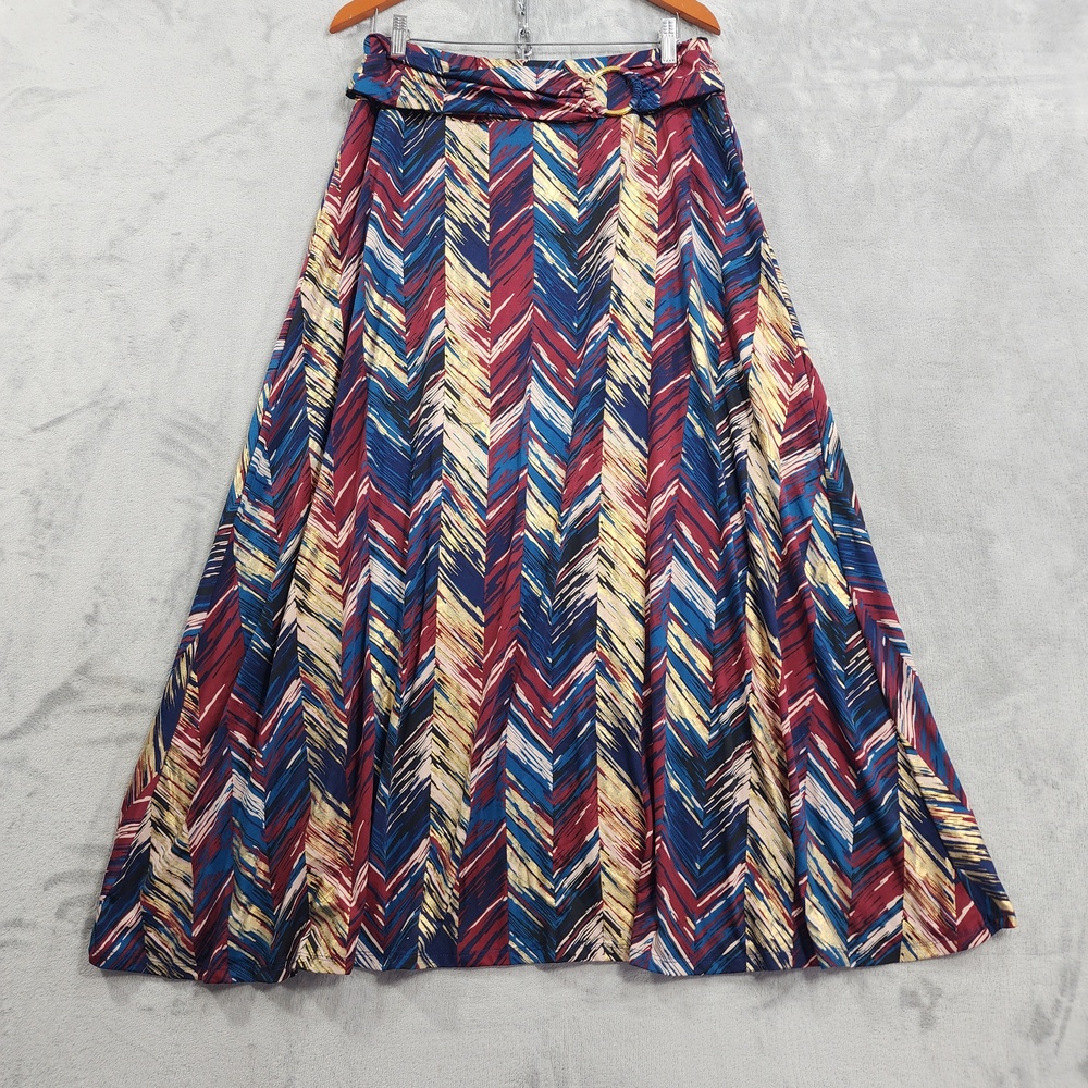 Robert Louis Skirt Women L Multicolor Zig Zag Chevron A-Line Maxi Buckle Stretch